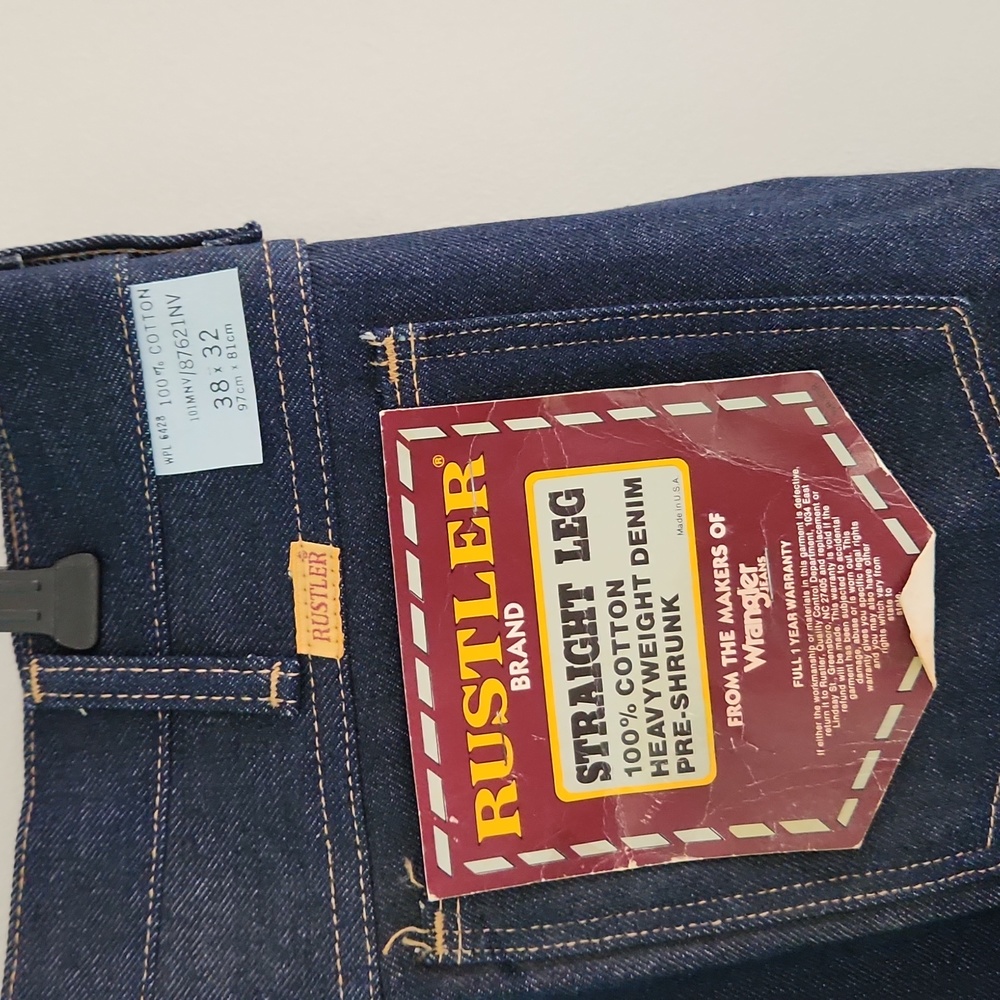 New Vintage Wrangler Rustler Straight Leg Jeans sz 38x32 dark wash heavy NWT - Picture 3 of 5